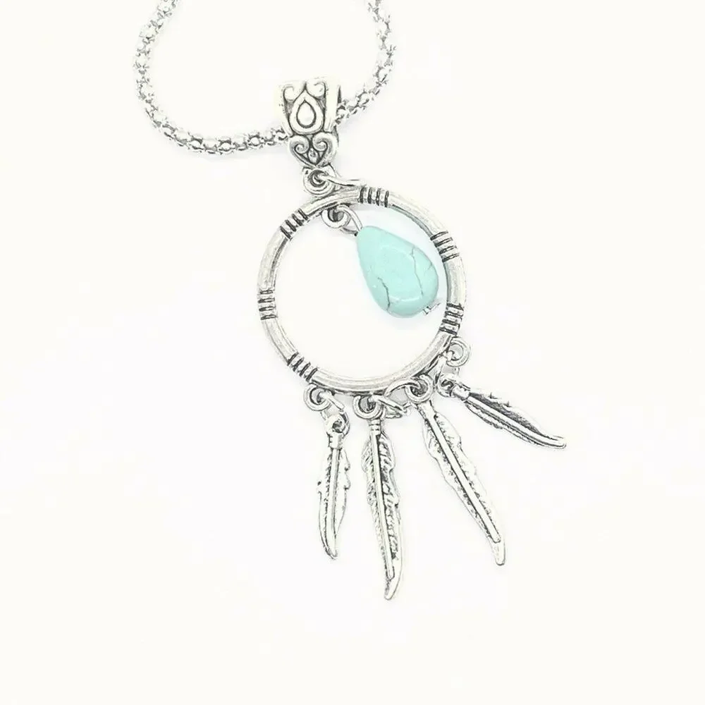 Silver Turquoise Dreamcatcher Feather Necklace